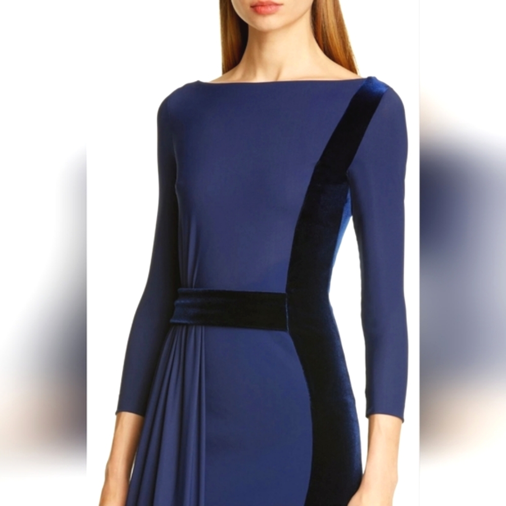NWT$1,090 CHIARA BONI Blue Notte MACALYN Velvet Trim Drape Column Long Gown Sz 6